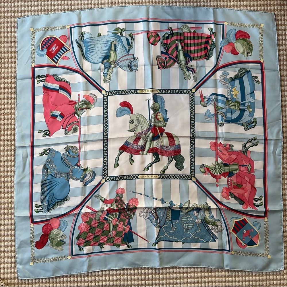 SOLD Hermés Paris 90cm 100% silk scarf ‘Chocs en Plumes’ by Christiane Vauzelles